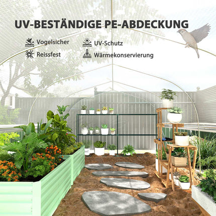 Kas 6 x 3 x 2 m foliekas met 8 ramen en deuren, oprolbare zijwanden, UV-bestendige folietunnel, tomatenhuis met gegalvaniseerd stalen frame, wit