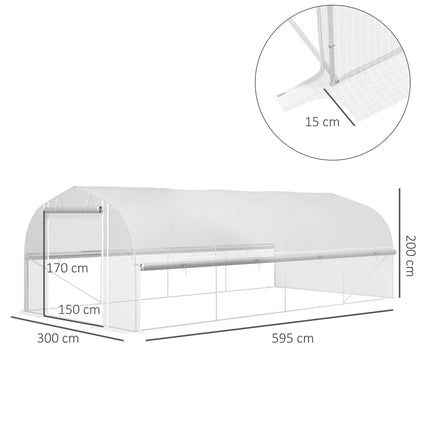 Kas 6 x 3 x 2 m foliekas met 8 ramen en deuren, oprolbare zijwanden, UV-bestendige folietunnel, tomatenhuis met gegalvaniseerd stalen frame, wit
