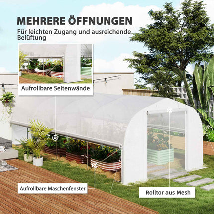 Kas 6 x 3 x 2 m foliekas met 8 ramen en deuren, oprolbare zijwanden, UV-bestendige folietunnel, tomatenhuis met gegalvaniseerd stalen frame, wit