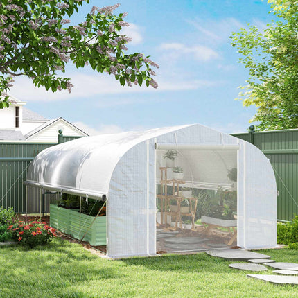 Kas 6 x 3 x 2 m foliekas met 8 ramen en deuren, oprolbare zijwanden, UV-bestendige folietunnel, tomatenhuis met gegalvaniseerd stalen frame, wit