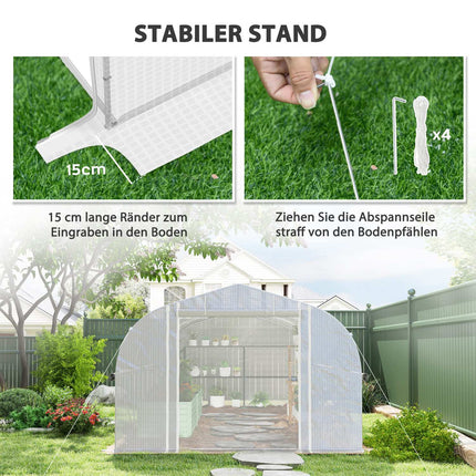 Kas 6 x 3 x 2 m foliekas met 8 ramen en deuren, oprolbare zijwanden, UV-bestendige folietunnel, tomatenhuis met gegalvaniseerd stalen frame, wit