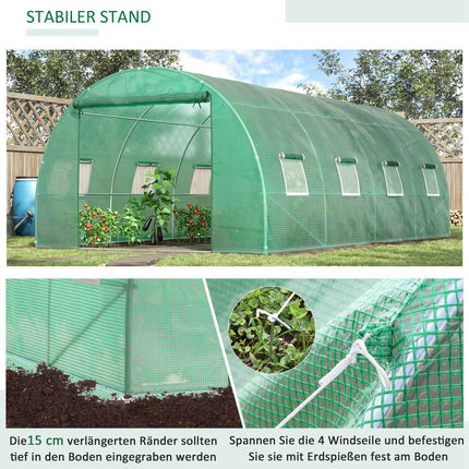 Kas ca. 6 x 3 x 2 m foliekas met 8 ramen, roldeur, oprolbare zijwanden, UV-bestendige folietunnel, wintervaste tomatenhuis met grondanker, groen