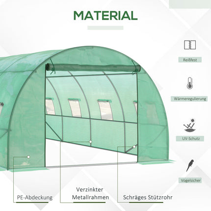 Kas ca. 6 x 3 x 2 m foliekas met 8 ramen, roldeur, oprolbare zijwanden, UV-bestendige folietunnel, wintervaste tomatenhuis met grondanker, groen