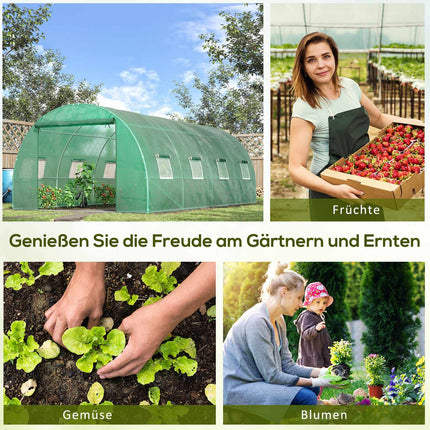 Kas ca. 6 x 3 x 2 m foliekas met 8 ramen, roldeur, oprolbare zijwanden, UV-bestendige folietunnel, wintervaste tomatenhuis met grondanker, groen
