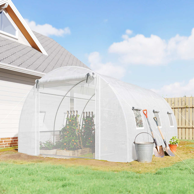 Greenhouse with PE Cover, Mesh Door, Support Rods, White