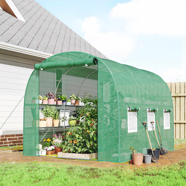 Greenhouse with Shelves, Roll-Up Door, 6 Mesh Windows
