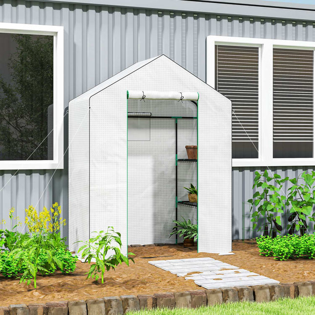 Greenhouse with rolling door and shelves for gardening