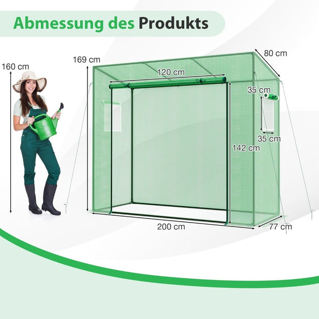 Greenhouse with roll-up door & 2 mesh windows, foil greenhouse 200 x 77 x 169 cm green