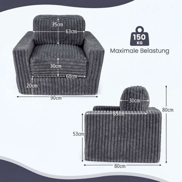 Grey Corduroy Foam Sofa with Removable Cover & Cushions