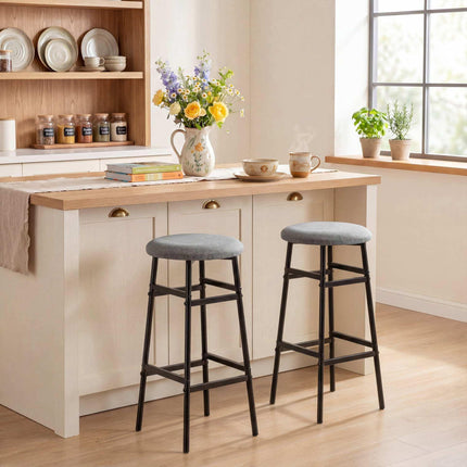 Grey Linen Bar Stools Set of 2 with Metal Frame