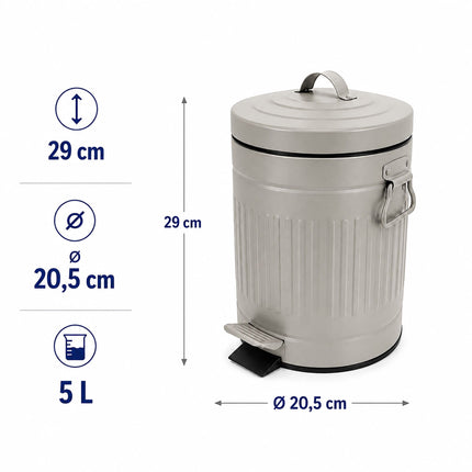 Grey Retro Bathroom Pedal Bin, 5L Capacity