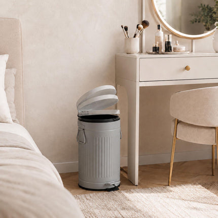 Grey Retro Pedal Bin, 12L Capacity, Soft-Close Lid