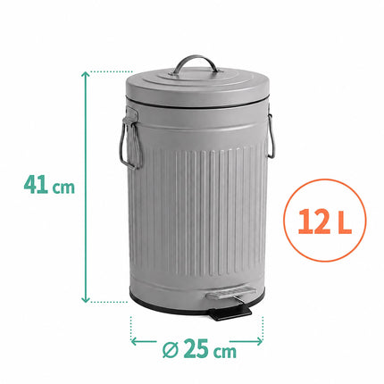 Grey Retro Pedal Bin, 12L Capacity, Soft-Close Lid