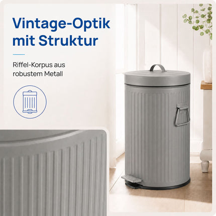 Grey Retro Pedal Bin, 20L, Soft-Close, Kitchen/Office