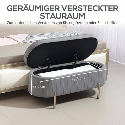 Grey Velvet Storage Bench with Gold Legs, 72L Capacity
