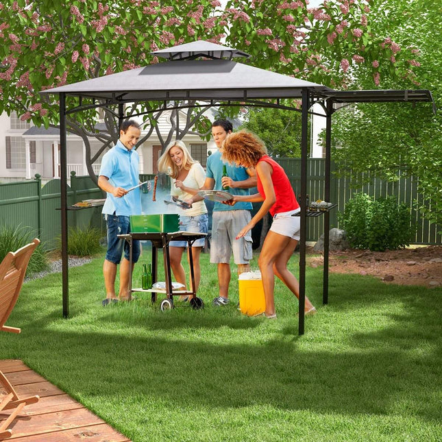 Grill Pavilion with Side Awning, Double Roof, Metal Shelves