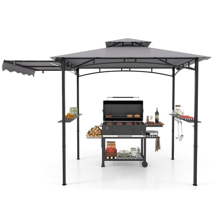Grill Pavilion with Side Awning, Double Roof, Metal Shelves