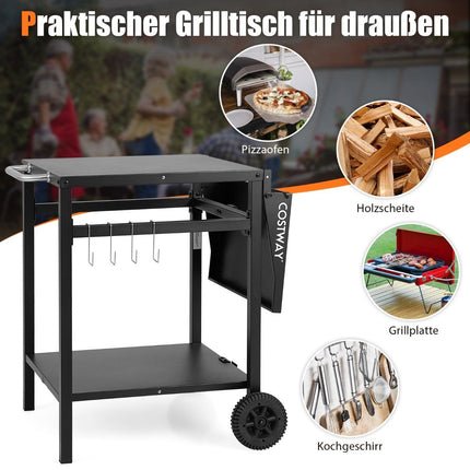 Grill cart with folding table top & 2 shelves & 4 hooks Movable camping table