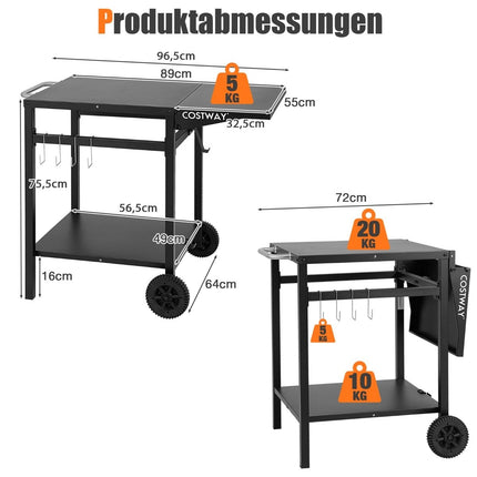 Grill cart with folding table top & 2 shelves & 4 hooks Movable camping table