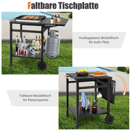 Grill cart with folding table top & 2 shelves & 4 hooks Movable camping table
