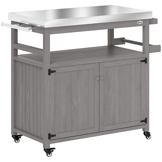 3-tier outdoor barbecue cart with towel rack - wood, gray