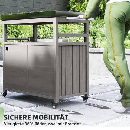 Grillwagen 3-laags serveerwagen met werkblad handdoekenrek, BBQ grilltafel van hout, grillbijzettafel, buitenwagen, houtskoolgrill voor tuin, terras 109x50x92,5cm grijs