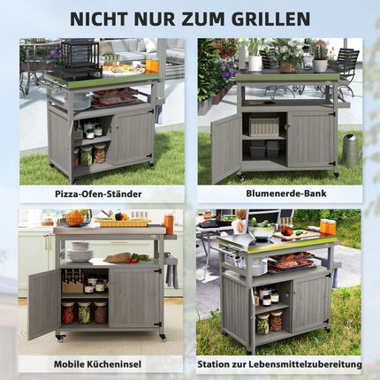 Grillwagen 3-laags serveerwagen met werkblad handdoekenrek, BBQ grilltafel van hout, grillbijzettafel, buitenwagen, houtskoolgrill voor tuin, terras 109x50x92,5cm grijs