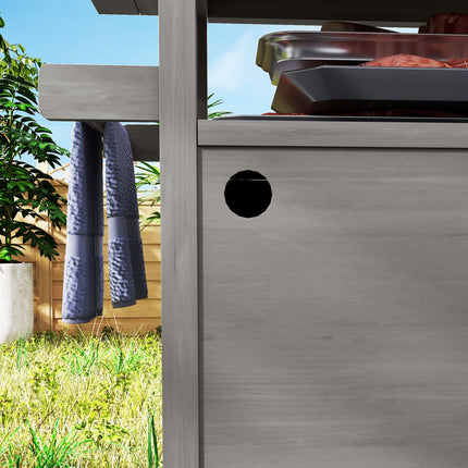 Grillwagen 3-laags serveerwagen met werkblad handdoekenrek, BBQ grilltafel van hout, grillbijzettafel, buitenwagen, houtskoolgrill voor tuin, terras 109x50x92,5cm grijs