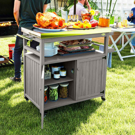 Grillwagen 3-laags serveerwagen met werkblad handdoekenrek, BBQ grilltafel van hout, grillbijzettafel, buitenwagen, houtskoolgrill voor tuin, terras 109x50x92,5cm grijs