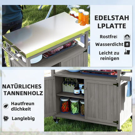 Grillwagen 3-laags serveerwagen met werkblad handdoekenrek, BBQ grilltafel van hout, grillbijzettafel, buitenwagen, houtskoolgrill voor tuin, terras 109x50x92,5cm grijs