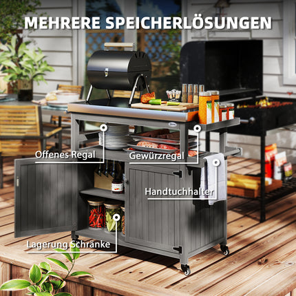 Grillwagen 3-laags serveerwagen met werkblad handdoekenrek, BBQ grilltafel van hout, grillbijzettafel, buitenwagen, houtskoolgrill voor tuin, terras 109x50x92,5cm grijs