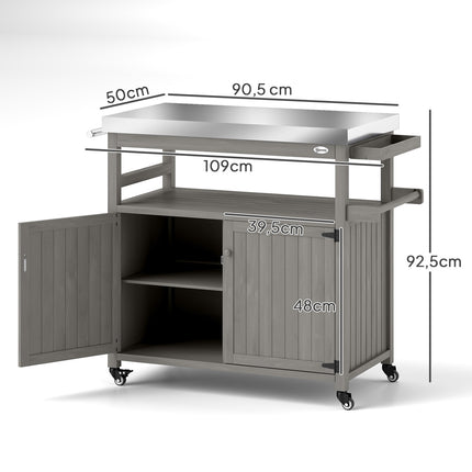 Grillwagen 3-laags serveerwagen met werkblad handdoekenrek, BBQ grilltafel van hout, grillbijzettafel, buitenwagen, houtskoolgrill voor tuin, terras 109x50x92,5cm grijs