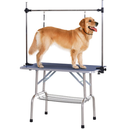 Height-adjustable dog grooming table in stainless steel, blue