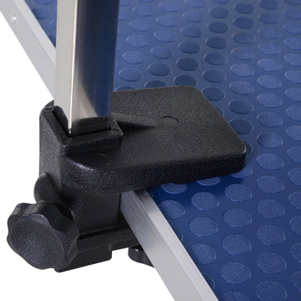 Height-adjustable dog grooming table in stainless steel, blue