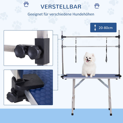 Height-adjustable dog grooming table in stainless steel, blue