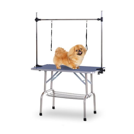 Height-adjustable dog grooming table in stainless steel, blue