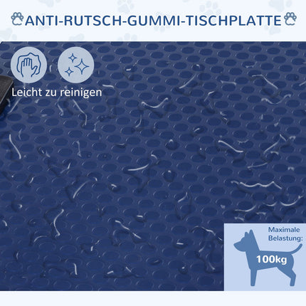 Height-adjustable dog grooming table in stainless steel, blue