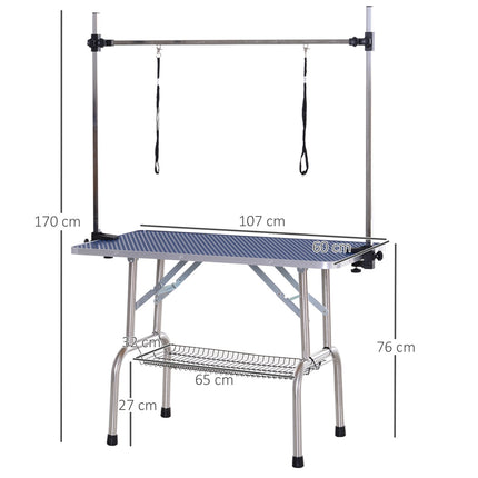 Height-adjustable dog grooming table in stainless steel, blue