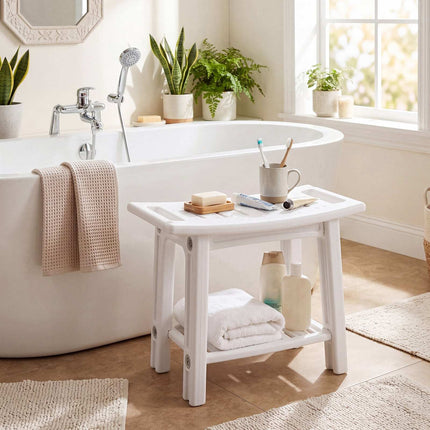 HDPE Shower Chair with Shelf and Handles, White