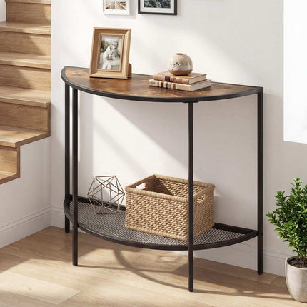 Half Moon Console Table, 2-Tier Storage, Rustic Brown