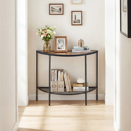 Half Moon Console Table, 2-Tier Storage, Rustic Brown