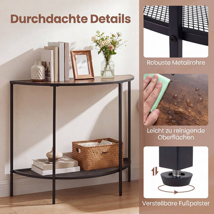 Half Moon Console Table, 2-Tier Storage, Rustic Brown