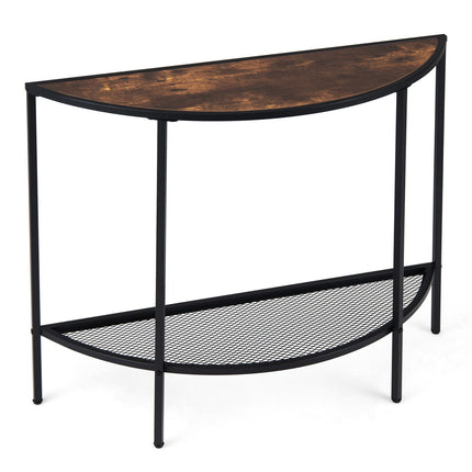 Half Moon Console Table, 2-Tier Storage, Rustic Brown