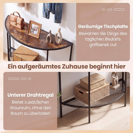 Half Moon Console Table, 2-Tier Storage, Rustic Brown