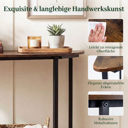 Half-Moon Console Table with 2 Shelves, Rustic Brown