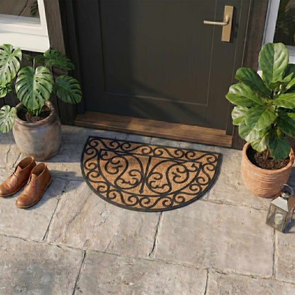 Half-Round Coir Doormat, Ornamental Design, 60x40 cm