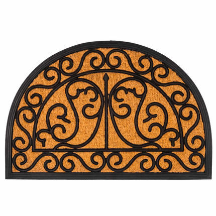 Half-Round Coir Doormat, Ornamental Design, 60x40 cm