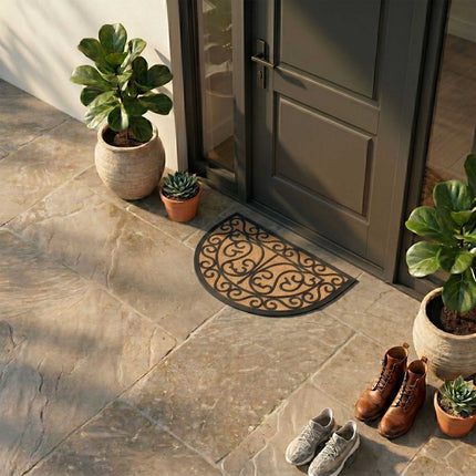 Half-Round Coir Doormat, Ornamental Design, 60x40 cm
