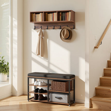 Hall Tree Coat Rack with Shoe Bench, 7 Hooks, Shelves