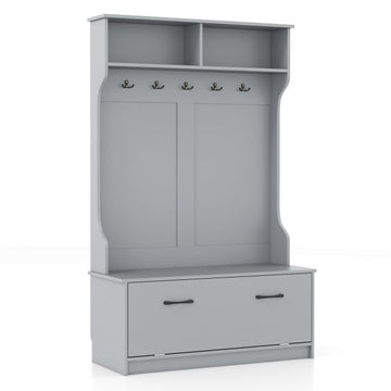 Hall Tree with 5 Double Hooks, Storage Bench, Cabinet, Grey